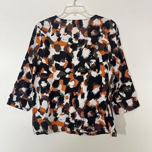 Hot Cotton Linen Top Small Boxy Lagenlook Blouse Abstract Print Black 3/4 Sleeve - Picture 5 of 6